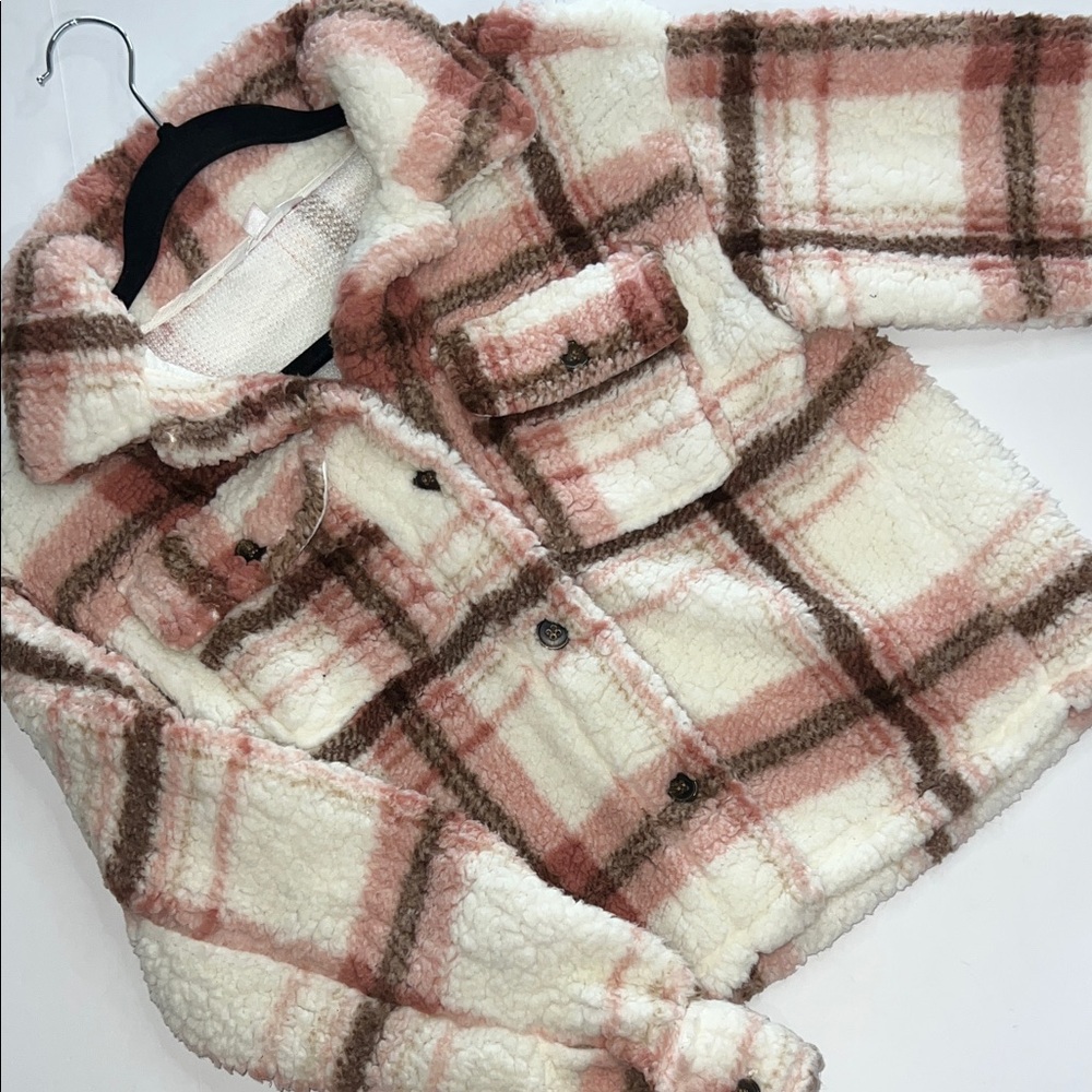 No Boundaries Cream and Pink Plaid Sherpa Jacket